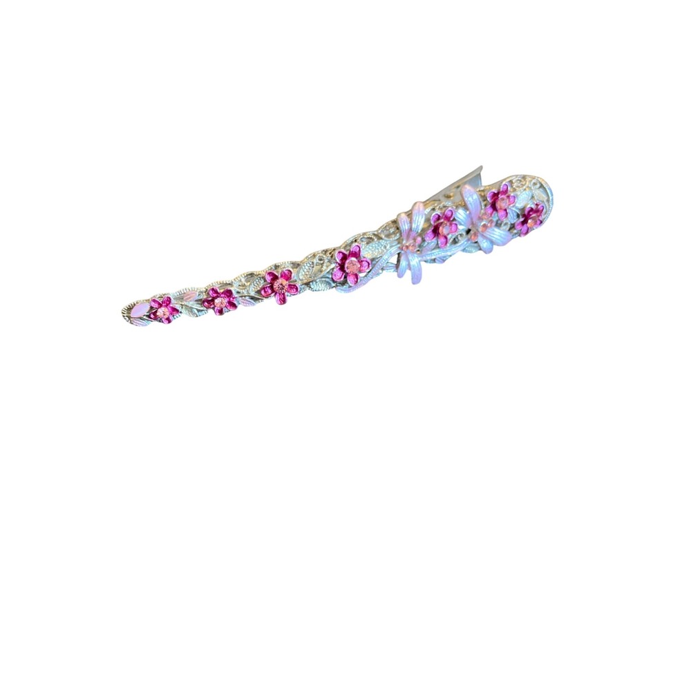 Vintage Style Pink Floral Dragonfly Silver Tone Alligator‎ Hair Clip Rhinestone